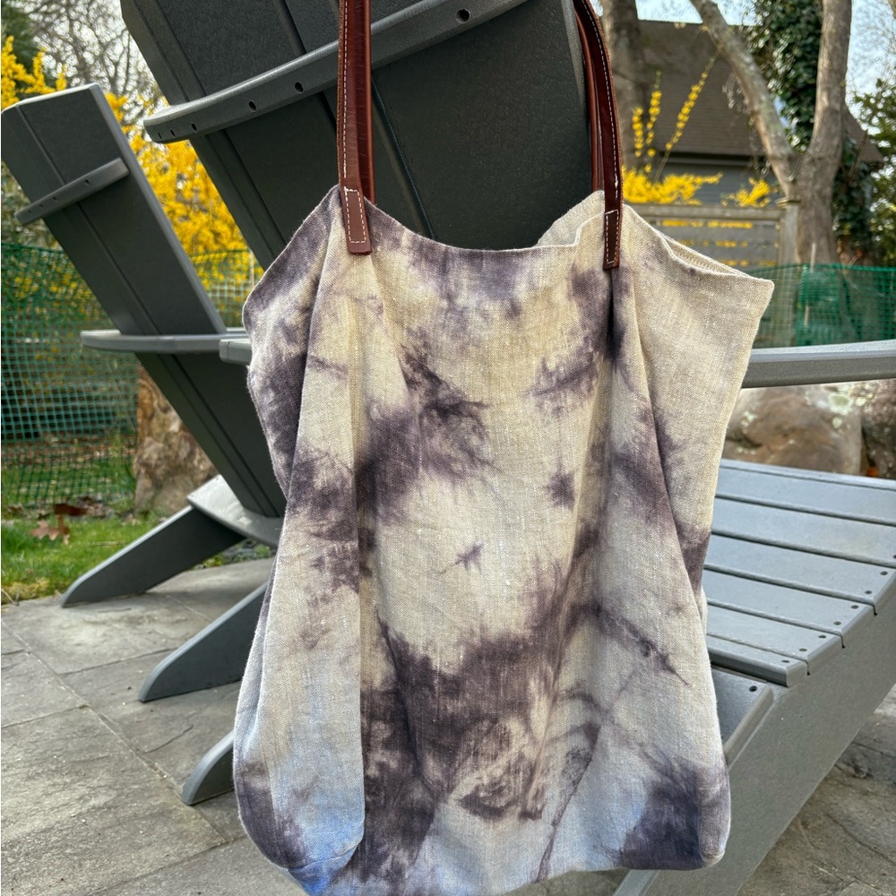 Purple and Blue Tie-Dye Linen Tote Bag with Leather Straps